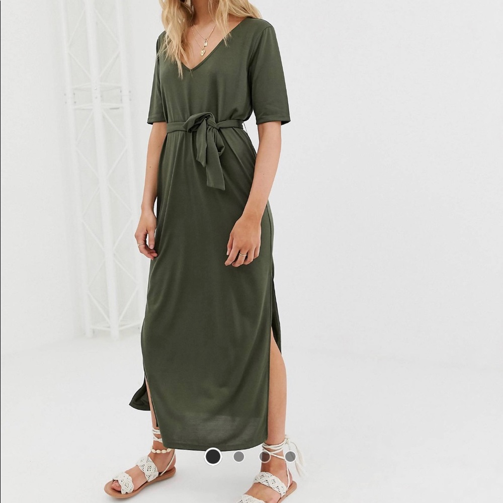 ASOS Olive Green V‑Neck Tie Waist Maxi Dress